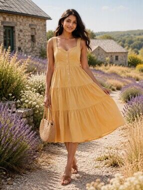 Madewell Tiered Button Front Cotton Midi Dress Autumn Wheat NWT XXS